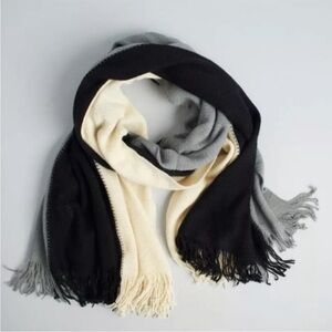 Donni Tri Color Scarf, Black Cream Gray, Wrap Fringe Neutral Knit Stripe Shawl